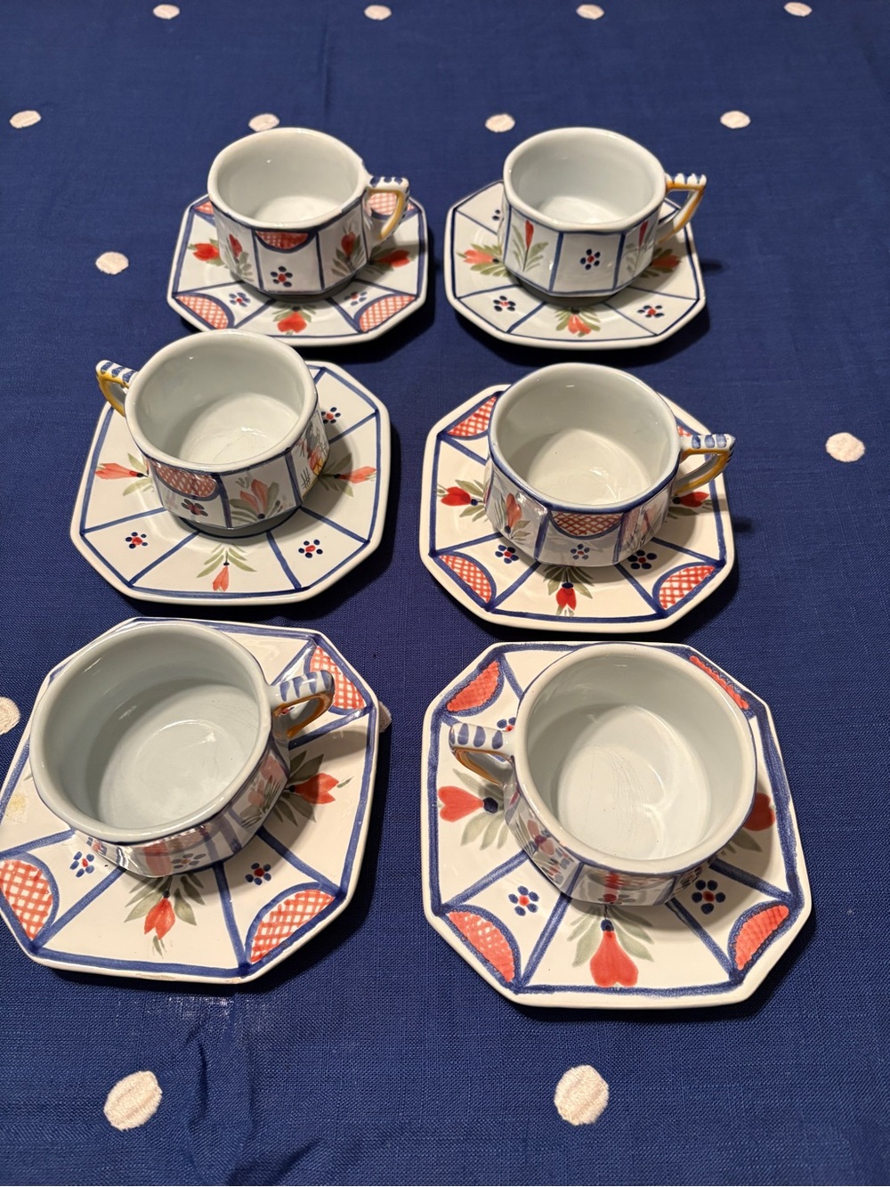 6 vintage Henriot Quimper cups & saucers